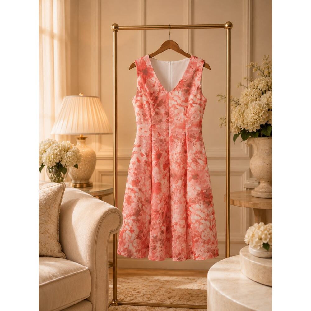 Tahari ASL Mallory Dress Peach Ivory Floral Fit Flare Pockets 12 NWT Romantic